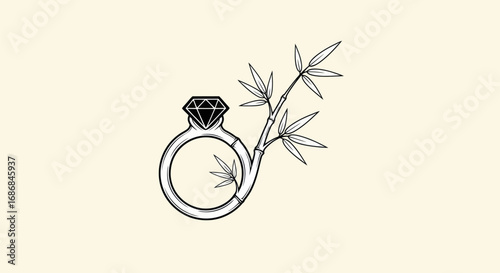 Elegant line art illustration of a diamond ring with a bamboo branch.
