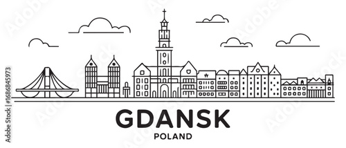 Gdansk Line Art skyline horizontal banner. Black Gdansk, Poland. Vector template for your design. with white background
