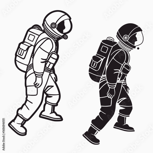 Astronauts in space suits walking with backpacks silhouette
