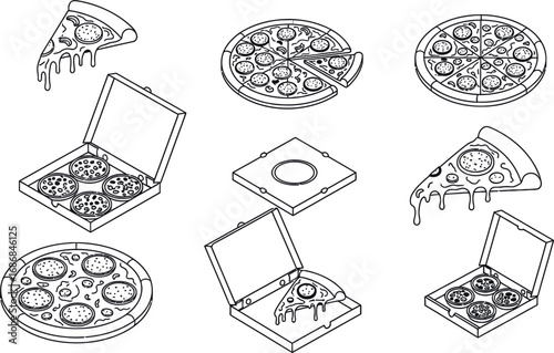 Delicious pepperoni pizza slices and whole pizzas presented in a clean, modern line art style.