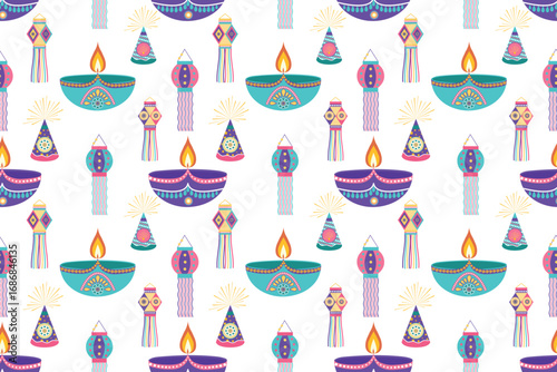 Seamless Diwali seamless pattern with lamps diyas and lanterns in flat style. Deepavali vector illustration for banners, social media, cards