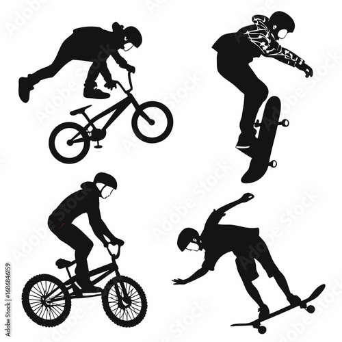 B M X riders and skateboarders performing stunts bicycle skateboarding