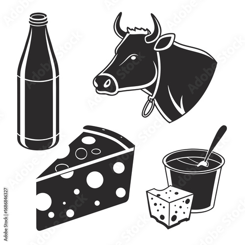 Black and white dairy products and cow head milk bottle cheese
