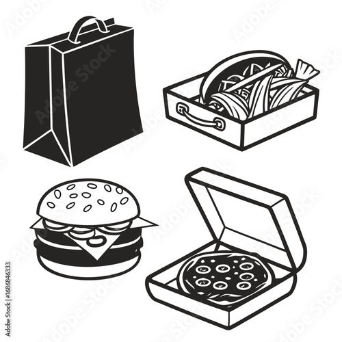 Black and white food icons pizza burger takeout box vector