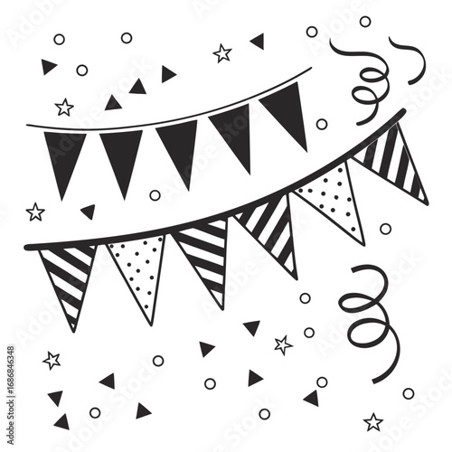 Black and white festive bunting flags with confetti and streamers party celebration