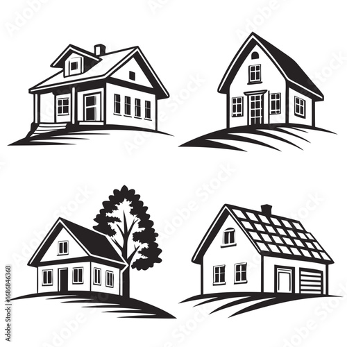 Black and white house illustrations with trees and garages home building