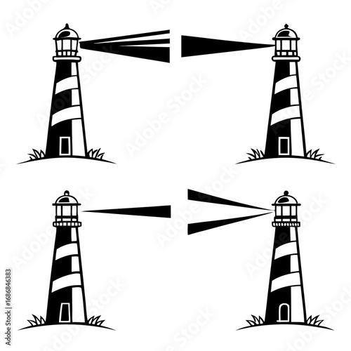 Black and white lighthouse beams shining across white background vector