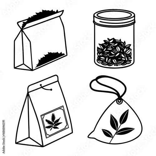 Black and white line art of tea packaging and ingredients sachet loose leaf