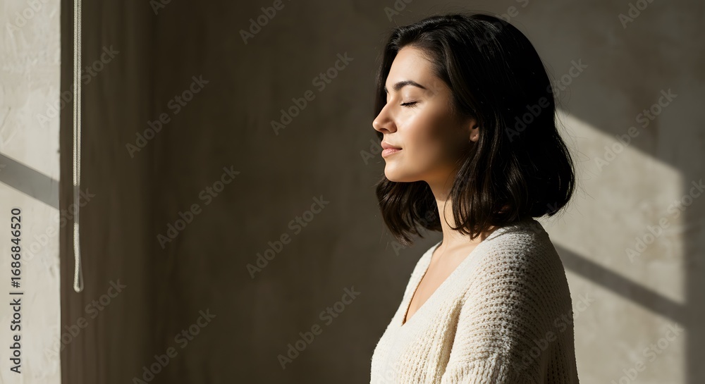 Fototapeta premium Tranquil Morning Meditation Woman Sitting On Carpet In Soft Sunlight 4