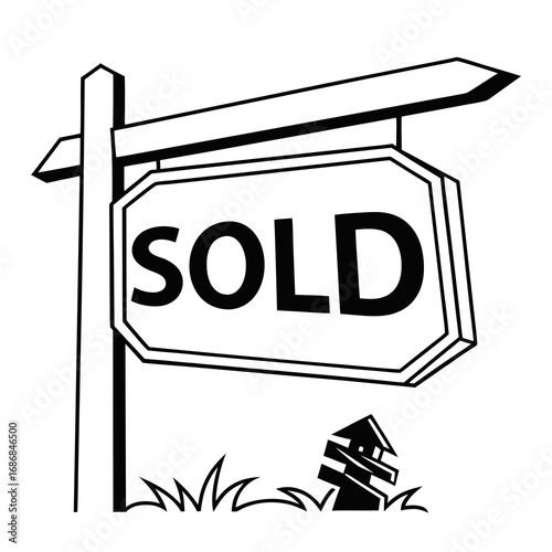 Black and white sold sign with grass real estate house
