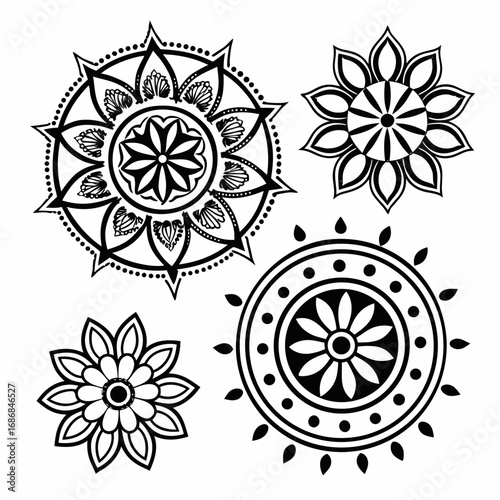 Black and white symmetrical radial mandala fragments floral pattern