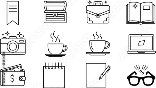 Collection of simple line icons representing business, travel, and daily life essentials.