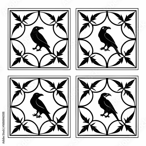 Black birds within decorative geometric frames white pattern