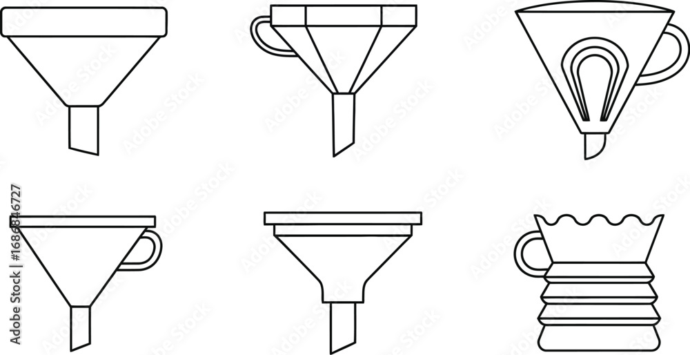 Fototapeta premium Collection of diverse funnel shapes and designs, from simple to ornate, presented in a clean graphic style.