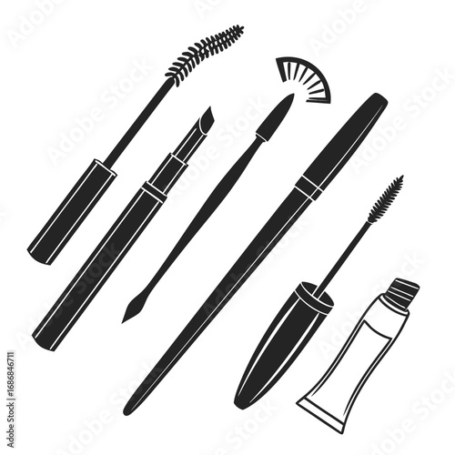 Black cosmetic brushes and makeup tools mascara eyeliner