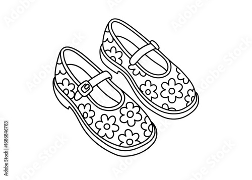Vector illustration of floral patterned Mary Jane shoes in black and white outline, perfect for coloring books, kids fashion designs, and educational materials.