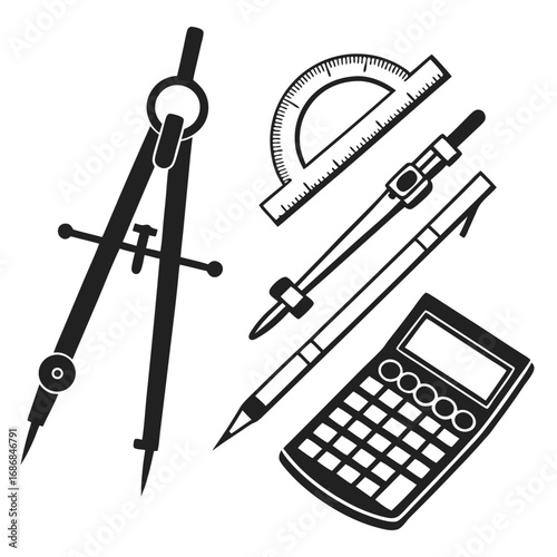 Black drawing tools and calculator silhouettes compass protractor