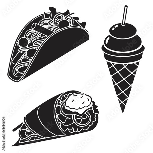 Black food silhouettes taco burrito ice cream cone vector