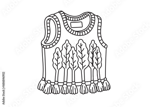 Vector illustration of a sleeveless vest with tree leaf pattern and tassel trim in black and white outline, drawn in isometric perspective, perfect for coloring pages and fashion. 