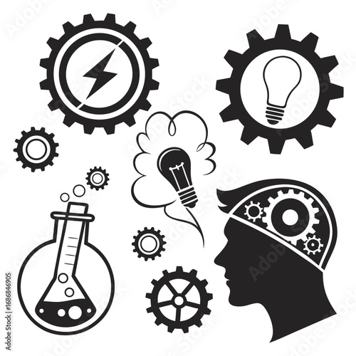 Black gear symbols lightbulb flask and head silhouette cogwheel beaker