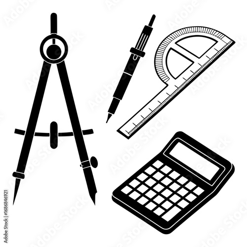 Black geometric drawing tools and calculator compass protractor