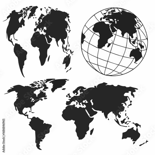 Black globes and world maps silhouette continents geography
