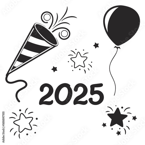 Black new year celebration elements with stars and balloon party popper