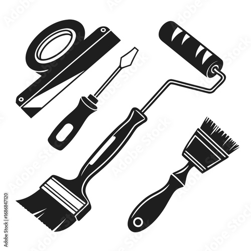 Black paint roller screwdriver brushes tape dispenser vector