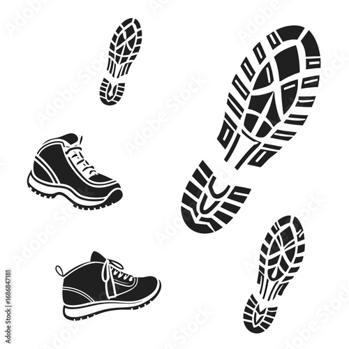 Black shoe and footprint silhouettes on white boot hiking