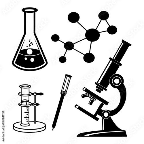 Black science equipment silhouettes beaker molecule microscope laboratory