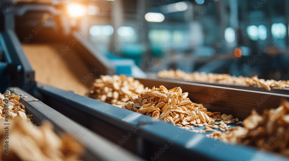 Fototapeta premium A close up of machinery actively processing agricultural residues grains and husks moving rhythmically along conveyors reflections of light on polished metal surfaces enhancing