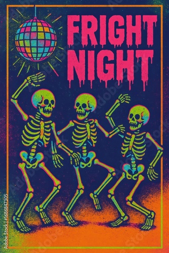 Fright Night skeleton disco poster for Halloween parties, clubs, flyers, ads
