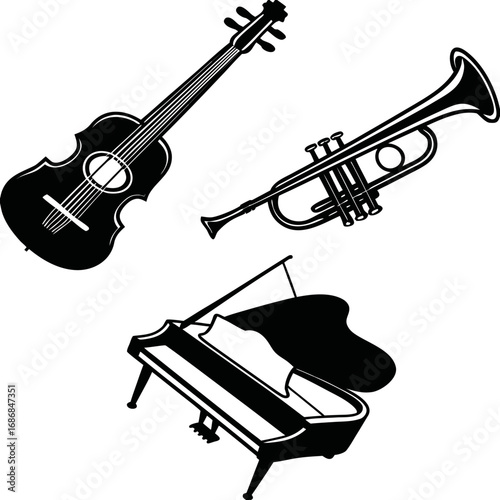 Black silhouette musical instruments violin trumpet grand piano vector
