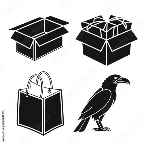 Black silhouette of open boxes gift package and bird packaging present