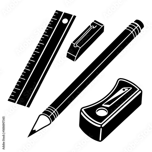 Black silhouette school stationery set ruler pencil sharpener eraser school supplies