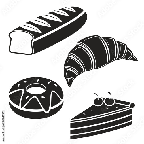 Black silhouettes of baked goods including bread croissant donut and cake slice