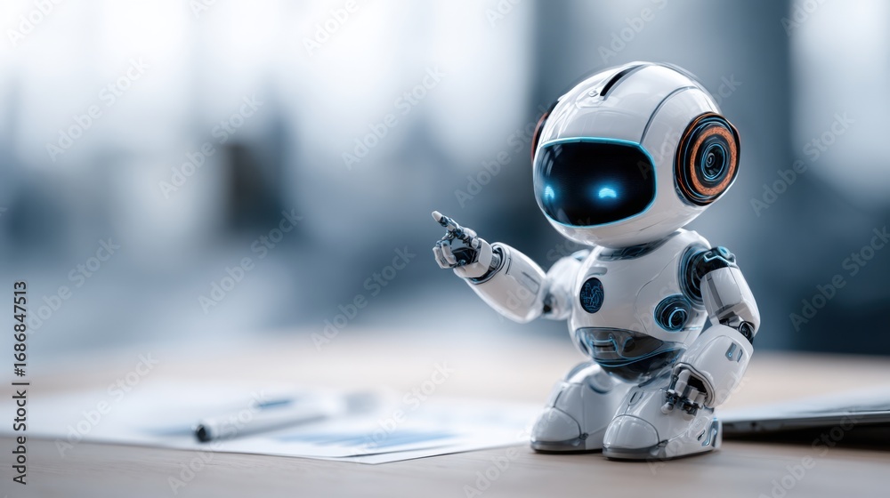 Fototapeta premium small robot pointing at charts