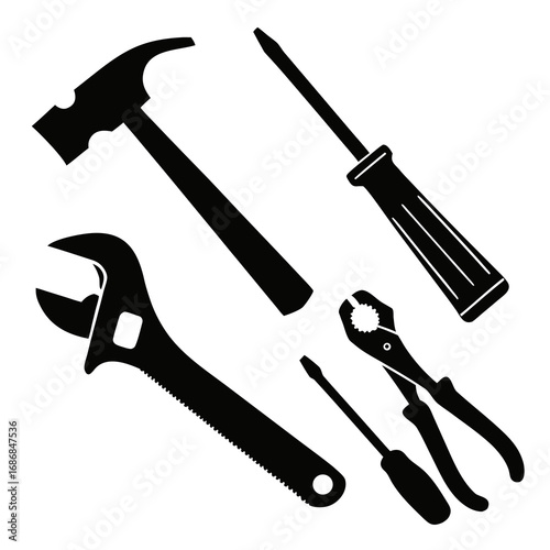 Black silhouettes of hammer adjustable wrench pliers and screwdrivers tools