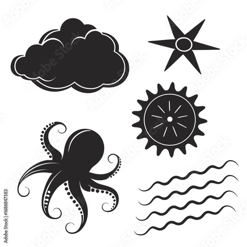 Black silhouettes of octopus cloud star and waves vector