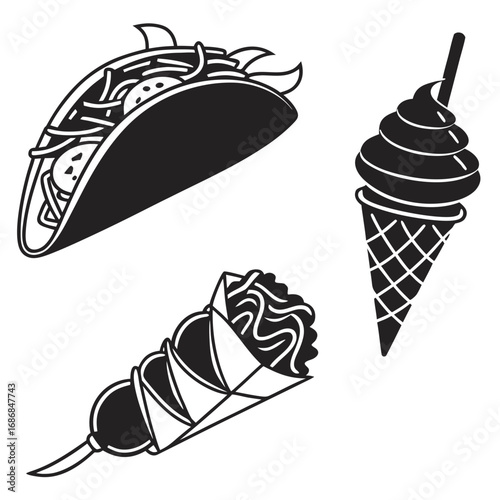 Black silhouettes of taco ice cream cone and kebab street food black and white