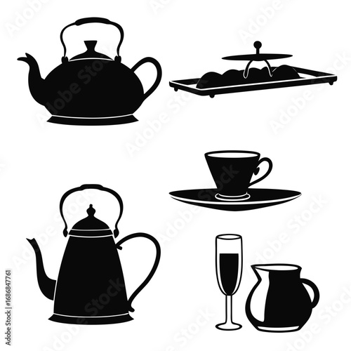 Black silhouettes of tea set elements and beverage glass kettle saucer