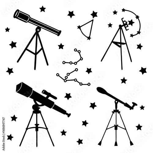 Black silhouettes of telescopes and constellations astronomy stargazing