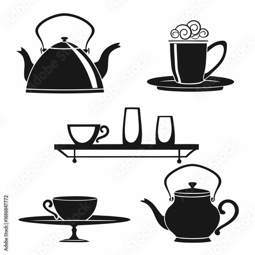 Black silhouettes of tea set elements kettle saucer