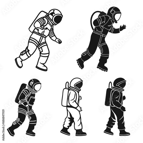 Black white astronauts in motion space suit silhouette