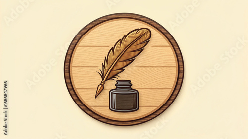 Quill Pen and Inkwell on Wooden Circle feather