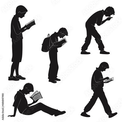 Boys reading books in various postures silhouettes education