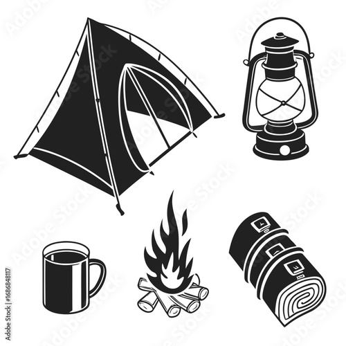 Camping gear tent lantern campfire mug sleeping bag vector