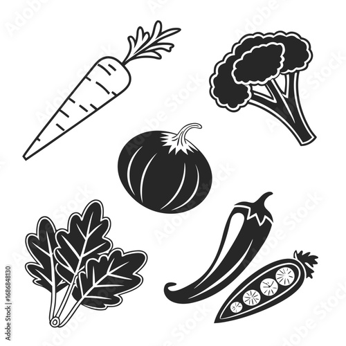 Carrot broccoli pumpkin chili pepper and peas icons vector