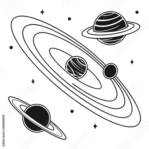 Celestial bodies orbiting star system with planetary rings space planets
