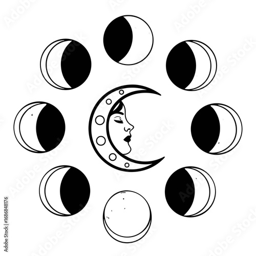 Celestial moon phases with crescent moon face astrology night sky